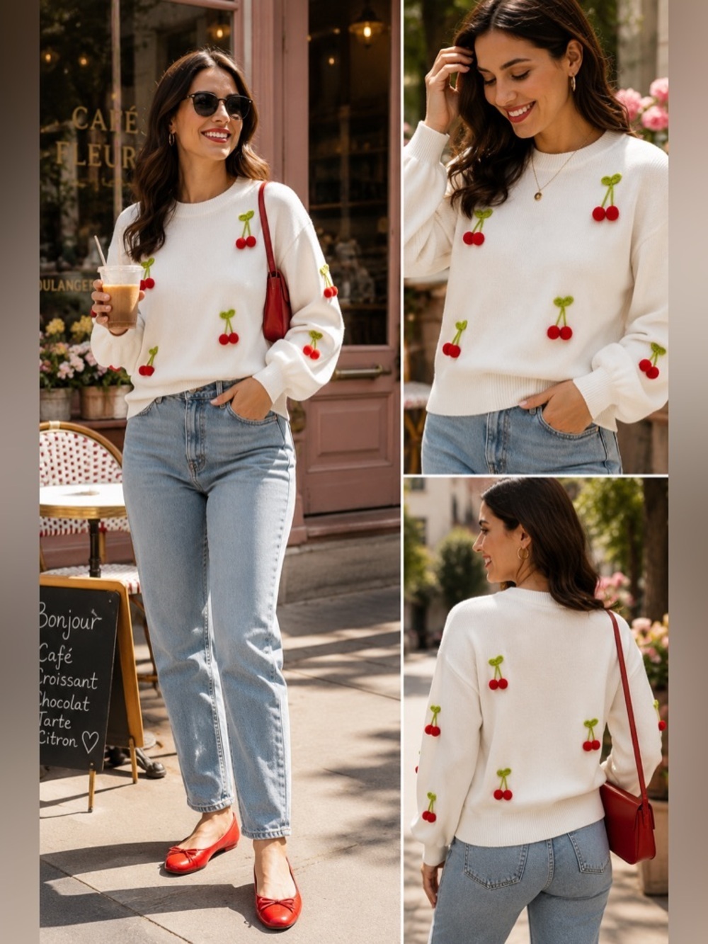 NEW On Twelfth White 3D Cherry Women’s Crew Balloon Sleeve Sweater Sz S
